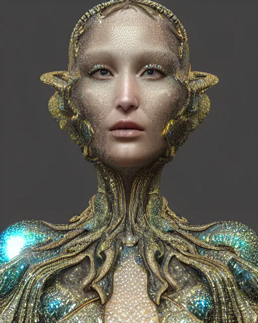 Image similar to a highly detailed metahuman 4 k close up render of an alien goddess bella hadid monument ethereal in iris van herpen dress schiaparelli in diamonds crystals swarovski and jewelry iridescent in style of alphonse mucha gustav klimt trending on artstation made in unreal engine 4