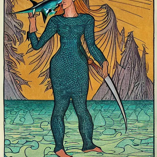 Image similar to a shark woman with melee weapons by ivan bilibin