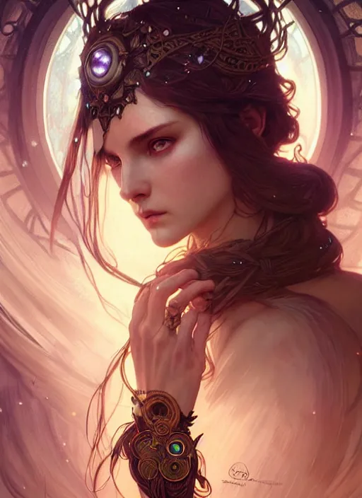 Image similar to a beautiful cinematic female druid goddess, galatic shamen with Quantum energy fantasy, fantasy magic, undercut hairstyle, dark light night, intricate, elegant, sharp focus, illustration, highly detailed, digital painting, concept art, matte, art by WLOP and Artgerm and Greg Rutkowski and Alphonse Mucha, masterpiece