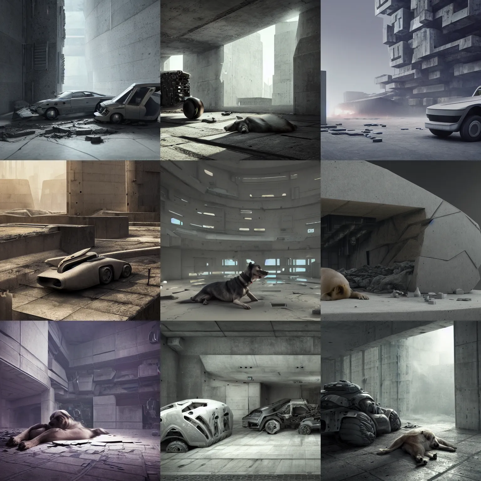 Prompt: Brutalist ultra futuristic matte painting of a ciberdog sleeping inside a totaled machine ultra detailed, octane render, 4K, dystopian, micro details