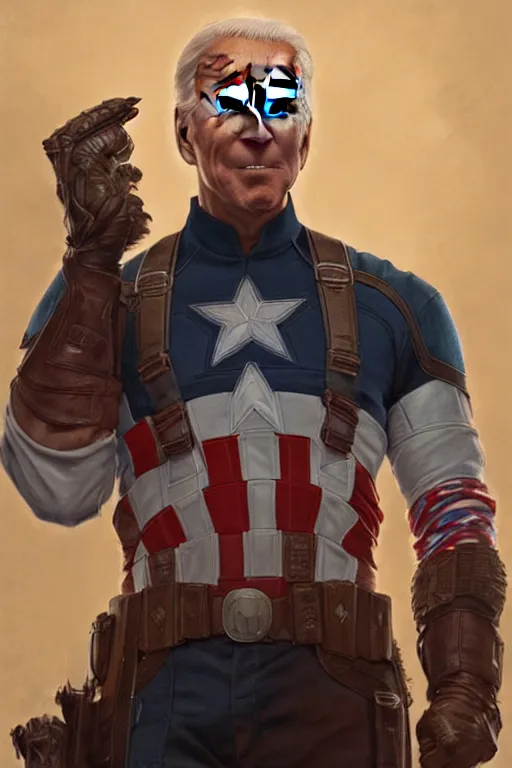 Prompt: Joe Biden as Captain America, western, D&D, fantasy, intricate, elegant, highly detailed, digital painting, artstation, concept art, matte, sharp focus, illustration, art by Artgerm and Greg Rutkowski and Alphonse Mucha