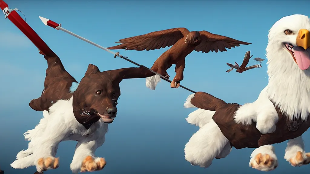 Image similar to a dog with a trident flying with a bald eagle, bald eagle, patriotic, highly detailed, unreal engine