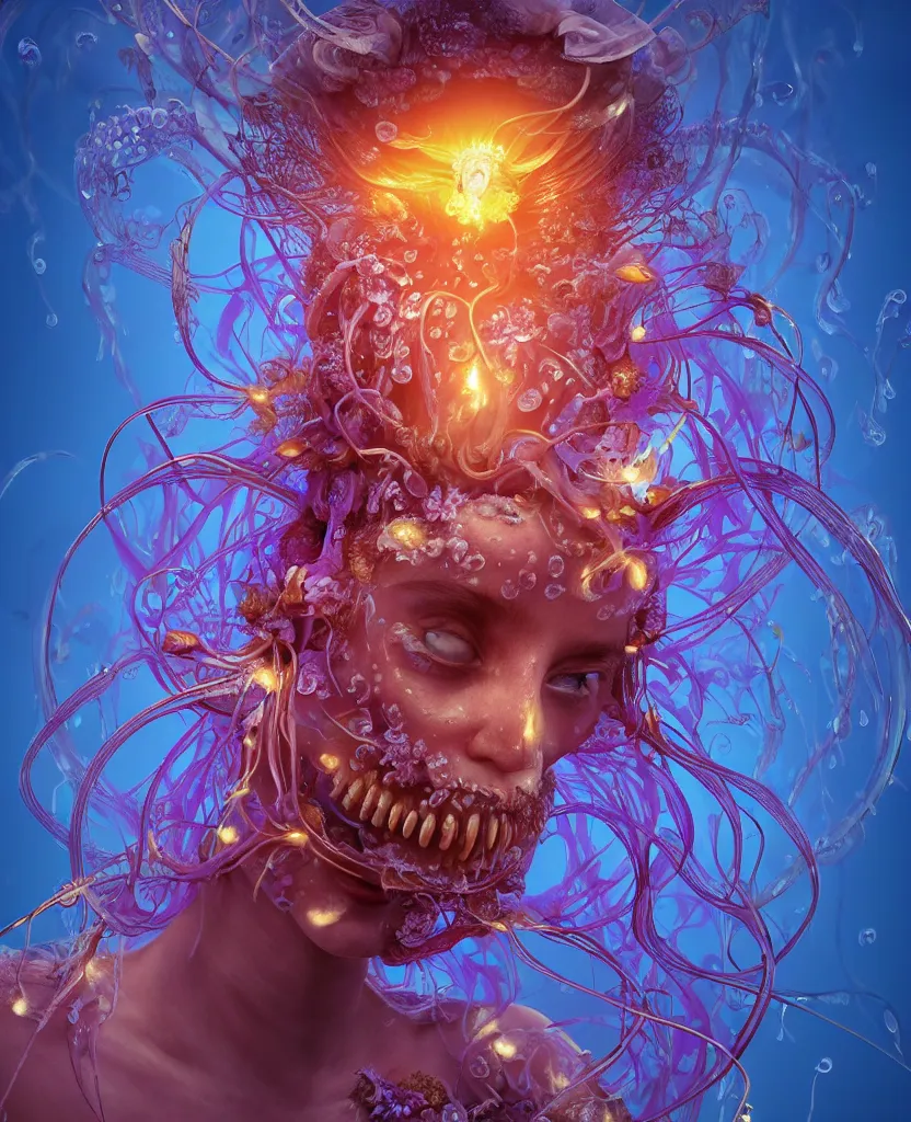 Image similar to close-up portrait of the face of a beautiful princess in a twisted flowers orchid jellyfish mask surrounded by energy flow, epic angle and pose, symmetrical artwork, 3d with depth of field, blurred background, floating jellyfish skull phoenix bird, translucent, nautilus, energy flows of water and fire. a highly detailed epic cinematic concept art CG render. made in Maya, Blender and Photoshop, octane render, excellent composition, cinematic dystopian brutalist atmosphere, dynamic dramatic cinematic lighting, aesthetic, very inspirational, arthouse. y Greg Rutkowski, Ilya Kuvshinov, WLOP, Stanley Artgerm Lau, Ruan Jia and Fenghua Zhong