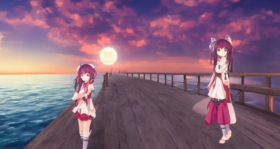 Prompt: one anime girl standing on a pier with the ocean as background at twilight, her blue shiny detailed eyes are looking at the camera, cute, big moon above the water, colorful, magical, detailed face, small nose and mouth, 8k, based on Puella Magi Madoka Magica