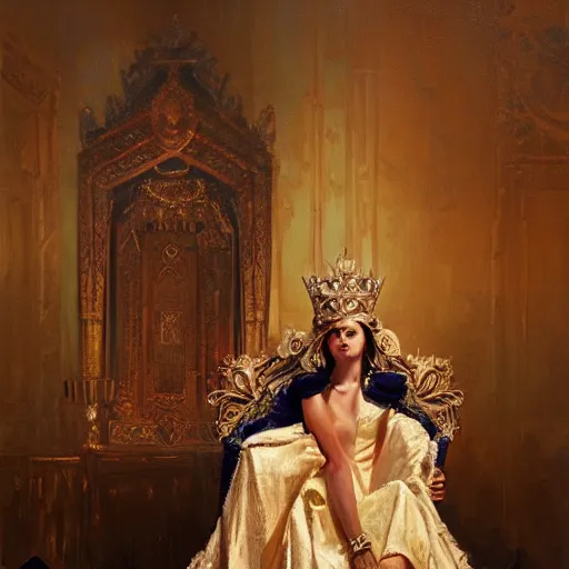 Prompt: A painting of a queen sitting on a throne by Greg Rutkowski, oil painting, realism, trending on artstation