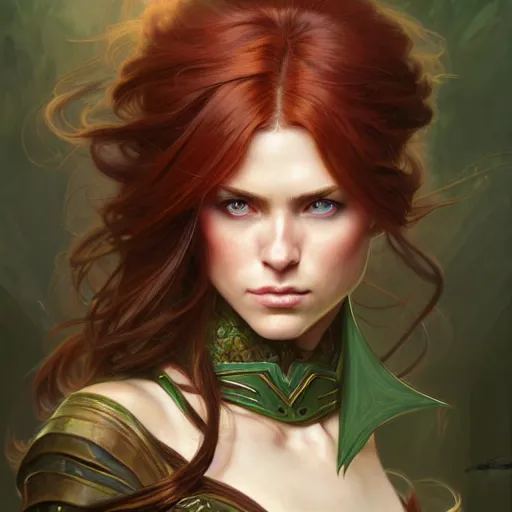 Image similar to Portrait of serious female ranger, D&D, green eyes, face, long red hair, fantasy, intricate, elegant, highly detailed, digital painting, artstation, concept art, smooth, sharp focus, illustration, art by artgerm and greg rutkowski and alphonse mucha