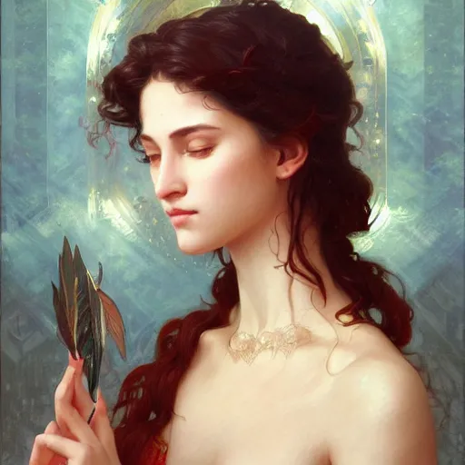 Image similar to portrait of a hot mystic girl, intricate, elegant, highly detailed, digital painting, artstation, concept art, smooth, sharp focus, illustration, art by artgerm and greg rutkowski and alphonse mucha and william - adolphe bouguereau