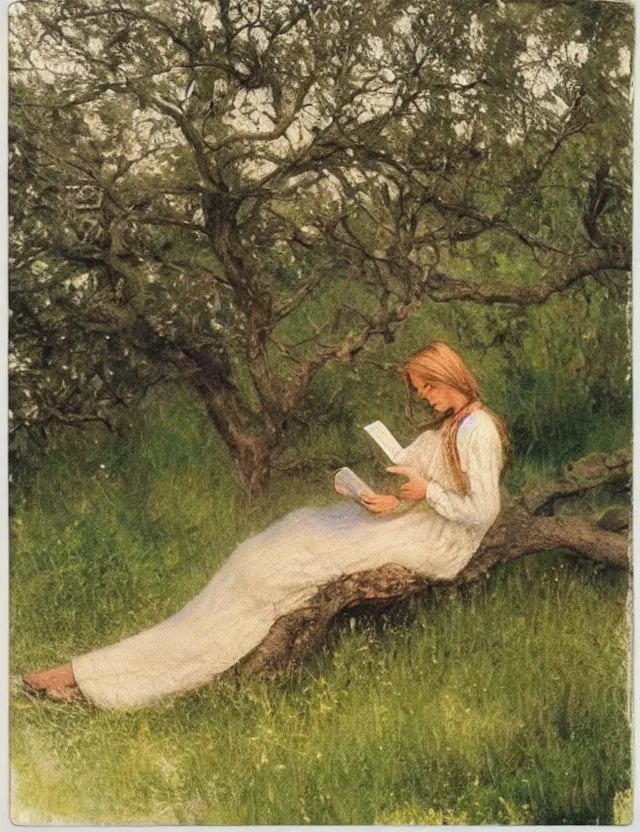 Image similar to peasant girl sitting on a tree and reading a book, polaroid photo bleached vintage pastel colors high - key lighting, soft lights, foggy, by steve hanks, by lisa yuskavage, by serov valentin, by tarkovsky, detailed, oil on canvas