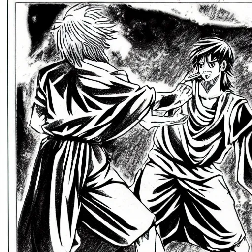 Image similar to manga drawing of jesus, goku fighting jesus