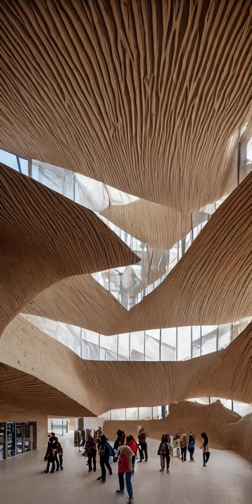 Image similar to indoor photo of a complex cultural building made of fractal rammed earth, people walking