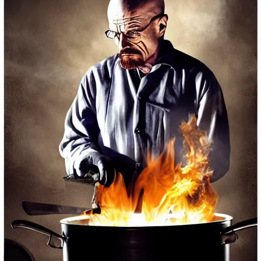 Image similar to walter white cooking eggs in a saucepan. He is looking worried. The stove is on fire. dramatic lighting, movie poster