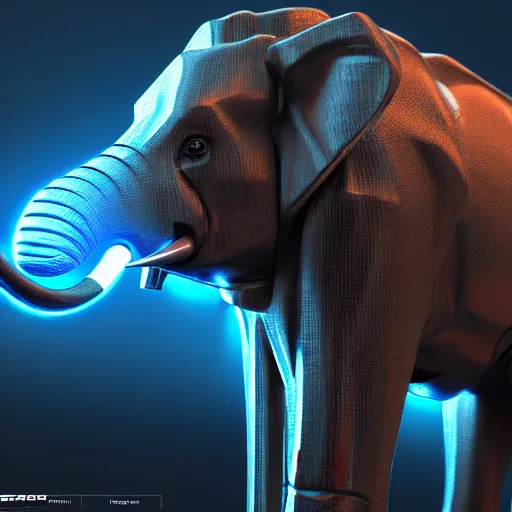 Image similar to hyper realistic cybertronic elephant. high details of body and face. complex aetheral mechanical body. blue led. cyberpunk style, intricate, trending on art station, 8 k render.