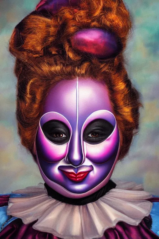 Image similar to hyperrealism oil painting, close - up portrait of commedia dell'arte fashion woman model, gradient mixed with nebula sky, in style of baroque