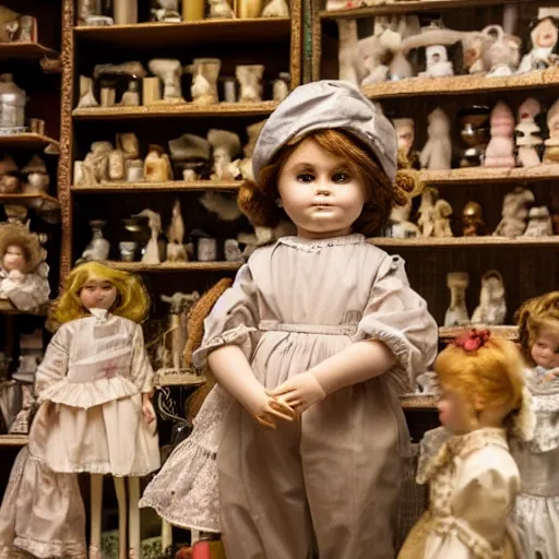 Image similar to human child standing in a victorian doll maker's shop looking at all of the dolls, 8 k, soft lighting, highly detailed realistic, face in focus