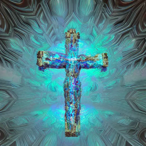 Image similar to a crystalline 3 d mandelbulb fractal in the shape of jesus christ on the cross, bioluminescent opal, fractal, magnificent lighting, ethereal, ray tracing, octane