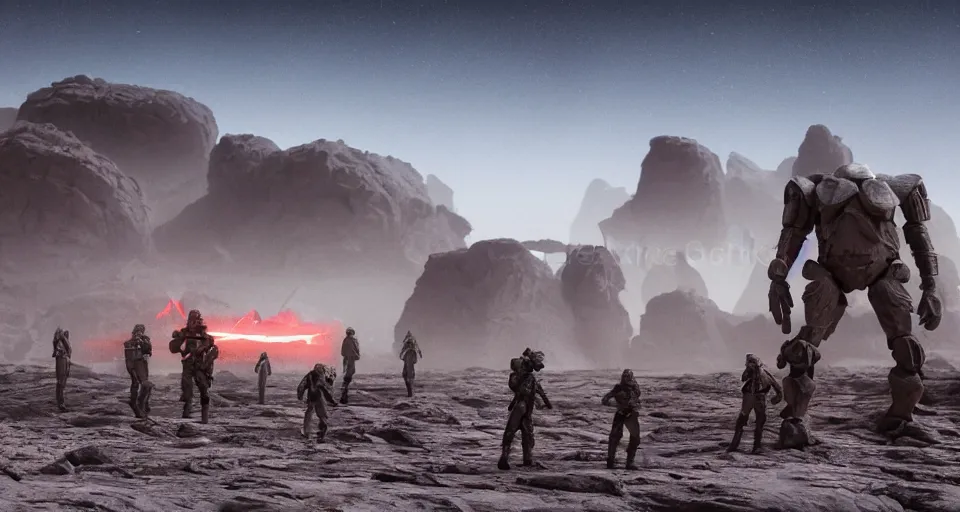 Image similar to alien red desert, foreground giant Fluorite art deco crystals out of the ground, Nordic rocky desert environment, background grey troopers and bounty hunters standing near their huge sci-fi futuristic tank | 35mm | arch viz , Matte painting, octane render, 8k, corona render, movie concept art, bio-luminescence, liquid, mist, caustics, epic mood, cinematic, hyper detailed, insanely detailed and intricate, portrait, hyper maximalist, cinematic, octane render, colorful redshift render, 8k