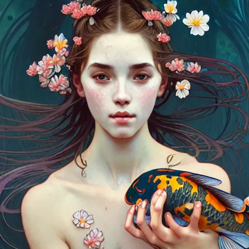 Image similar to Portrait of a girl surrounded by Koi fish, face, fantasy, intricate, elegant, highly detailed, digital painting, artstation, concept art, smooth, sharp focus, illustration, art by Pauline Voß and Artem Demura and alphonse mucha