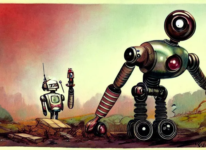 Prompt: 1 9 5 0 s retro - future robot android, forrest in background, muted colors, by jean baptiste monge, chrome red