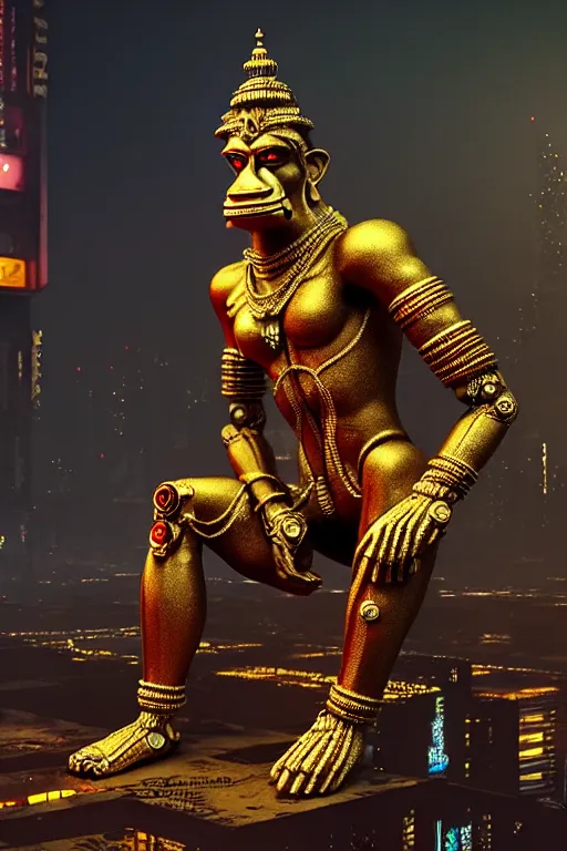 Image similar to high quality 3 d render brutalist cyborg! hanuman sitting, gold madhubani, highly detailed, cyberpunk!! mumbai in the background, unreal engine cinematic smooth, szukalski & blade runner, moody neon light, low angle, uhd 8 k, sharp focus