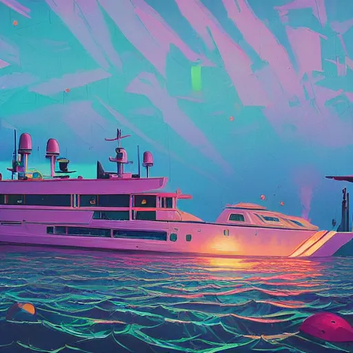 Image similar to psychedelic yacht party by simon stalenhag