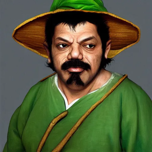 Image similar to hyper realistic, realistic - anime, portrait, beautifully rendered, ancient garb, luis guzman as luigi wearing green, smirking deviously, luigi, luigi's nose, painted by jan van eyck, albrecht durer, gustave courbet, greg rutkowski, wlop, artgerm, dishonored 2,