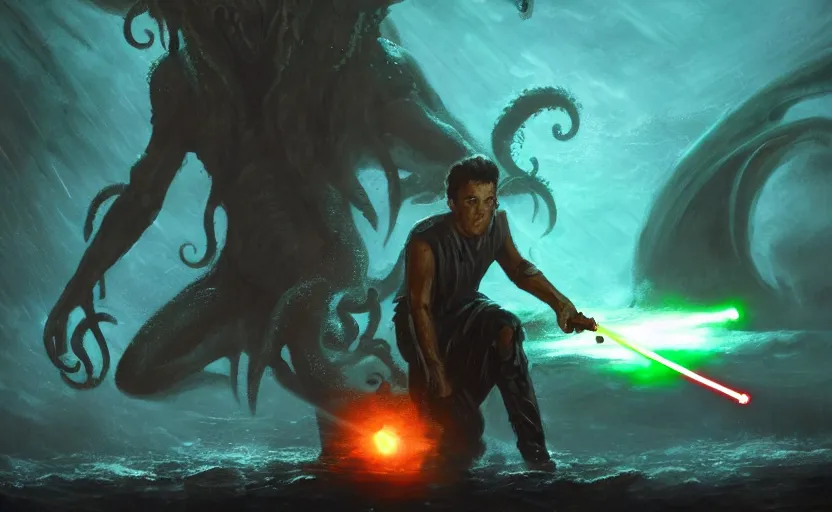 Image similar to mogan freeman with a lightsaber fighting cthulhu, water landscape, dramatic lighting, cinematic, establishing shot, long full body shot, extremly high detail, photorealistic, cinematic lighting, post processed, concept art, artstation, matte painting, style by greg rutkowsky