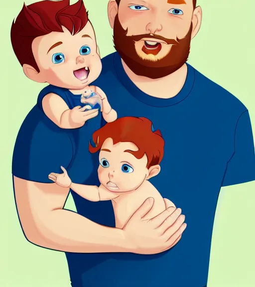 Prompt: a father with short red hair, a short red beard and blue eyes and a chubby face hold his infant baby boy with bald brown hair full color digital illustration in the style of don bluth, artgerm, artstation trending, 4 k