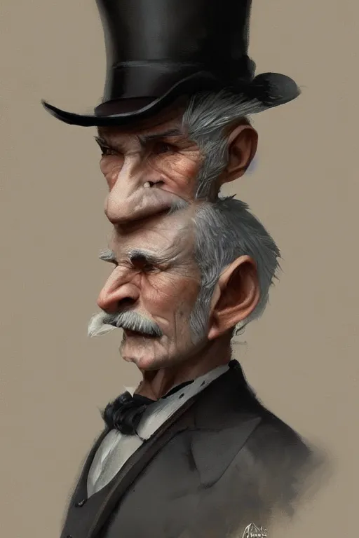 Image similar to a grey hair old halfling with no beard top hat and suit by Greg Rutkowski, painting, portrait, HD, high details, trending on artstation