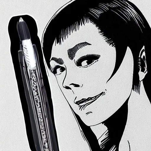 Prompt: a product photo of a rollerball pen exacto knife by junji ito, ethereal eel