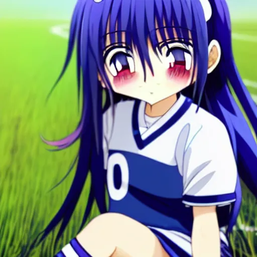 Prompt: A cute young anime girl with long blueish indigo hair, wearing a white soccer uniform with shorts, soccer ball against her foot, sitting on her knees in a large grassy green field, shining golden hour, she has detailed black and purple anime eyes, extremely detailed cute anime girl face, she is happy, child like, Higurashi, black anime pupils in her eyes, Haruhi Suzumiya, Umineko, Lucky Star, K-On, Kyoto Animation, she is smiling and happy, tons of details, sitting on her knees on the grass, chibi style, extremely cute, she is smiling and excited, her tiny hands are on her thighs, she has an extremely expressive face