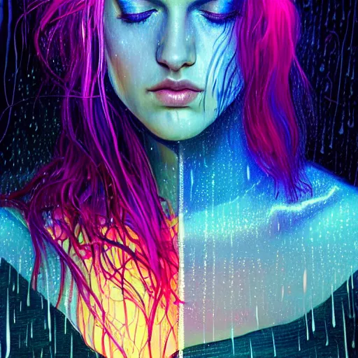 Image similar to bright asthetic portrait LSD glowing backlit rain on face and wet hair in strands, overhead lighting, fantasy, intricate, elegant, dramatic lighting, highly detailed, lifelike, photorealistic, digital painting, artstation, illustration, concept art, smooth, sharp focus, art by John Collier and Albert Aublet and Krenz Cushart and Artem Demura and Alphonse Mucha