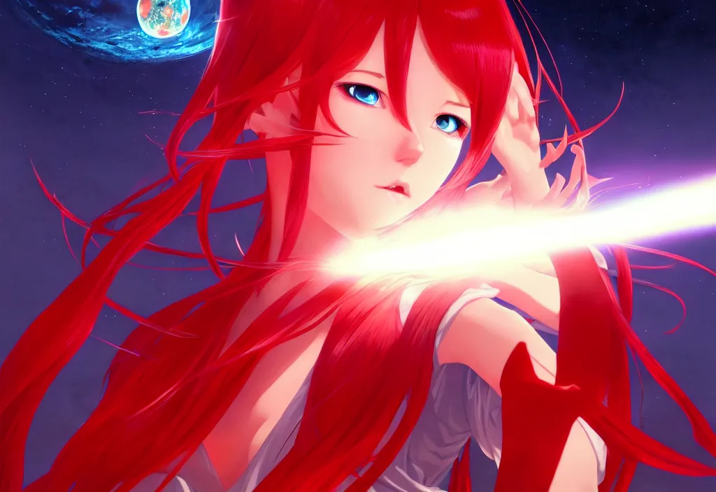 Prompt: red dressed summoner girl fighting against outer gods with their creatures. floating planets on the background, box office hit, fantasy and cosmic horror movie, unreal engine, intricate, highly detailed 8 k, ambient occlusion, extremely beautiful and aesthetic shape of face and body, art by hiroaki samura and ilya kuvshinov and rossdraws
