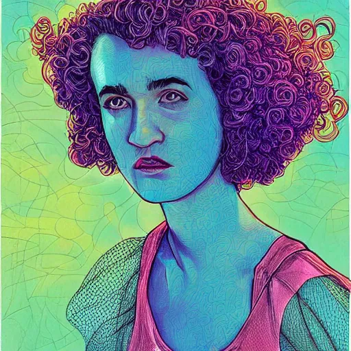 Image similar to surrealism psychedelic portrait sketch of julia garner as delirium of the endless in fishnet top and rainbow tutu skirt from the sandman, floating goldfish, green and blue eye heterochromia by alex ross, josh kirby, detailed, elegant, intricate