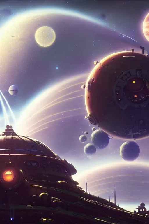 Image similar to steampunk spaceship infront of a planet, exquisite details, denoised, mid view, by karl kopinski, artsation, greg rutkowski, makoto shinkai, takashi takeuchi, studio ghibli