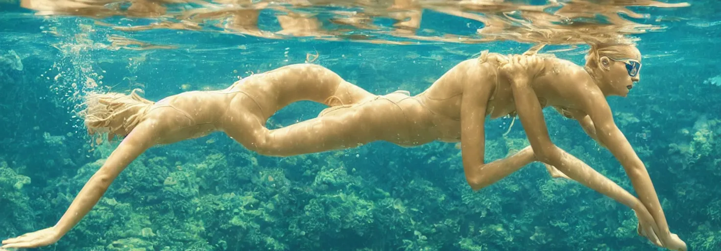 Prompt: beautiful blonde female diving underwater while solving complex math equations, 4k, photorealistic