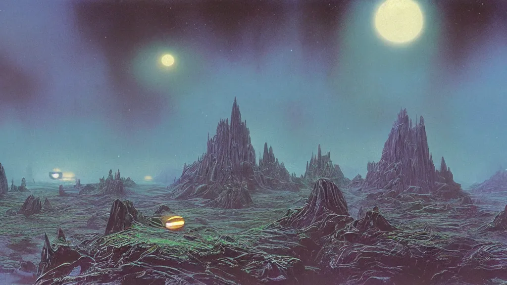 Image similar to eerie atmospheric alien planet empire by angus mckie and bob eggleton and chris moore, epic cinematic matte painting