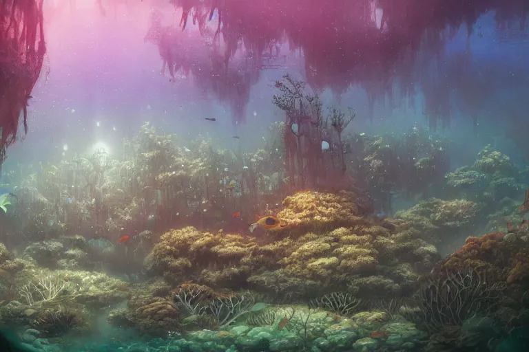 Prompt: Underwater forest ecosystem by Shaun Tan and Hiroshi Yoshida, trending on artstation