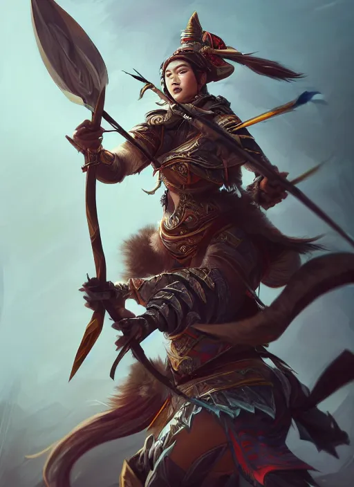 Prompt: a highly detailed illustration of fierce mongol warrior woman with bow, heroic shooting bow pose, perfect face, intricate, elegant, highly detailed, centered, digital painting, artstation, concept art, smooth, sharp focus, league of legends concept art, wlop.