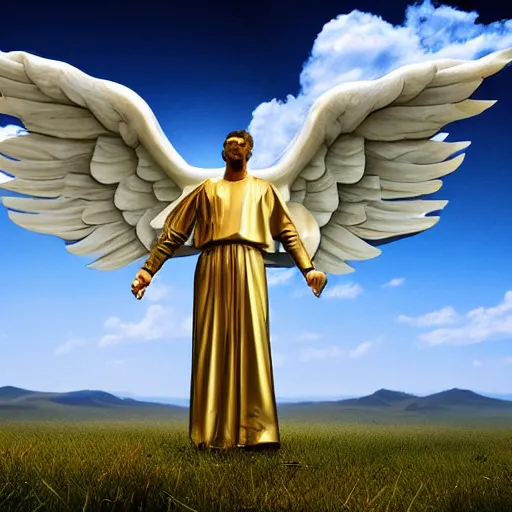 Image similar to gigantic biblical depiction of an angel towering over a vast landscape, cinematic, realistic, geometric white marble body, photorealistic, detailed, gold sky, global illumination, volumetric lighting, 8 k, god rays, beautiful, majestic clouds, soft colors, heavenly lighting