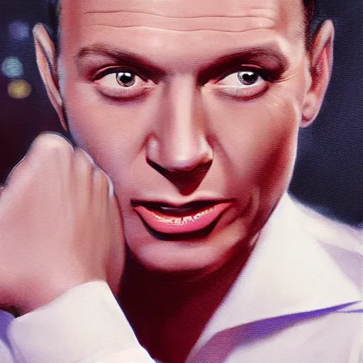 Prompt: perfect composition, cinematic atmosphere, award-winning concept art, detailed digital painting, airbrushed: young Frank Sinatra as a poor 1950s bartender. Volumetric cinematic lighting, great attention to perfect anatomy, special attention to posing, great attention to realistic facial expression, faithful cinematic color scheme, perfectly coherent. In the style of: Greg Rutkowski, Francis Bacon, Syd Mead, Norman Rockwell, Beksinski, Edward Hopper, James Gilleard, Ilya Kuyshinov, WLOP, Stanley Artgerm, Takato Yamamoto, and James Jean.