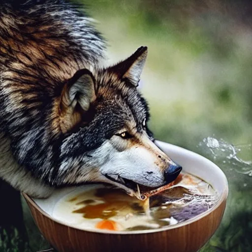 Image similar to photo of a wolf drinking licking soup