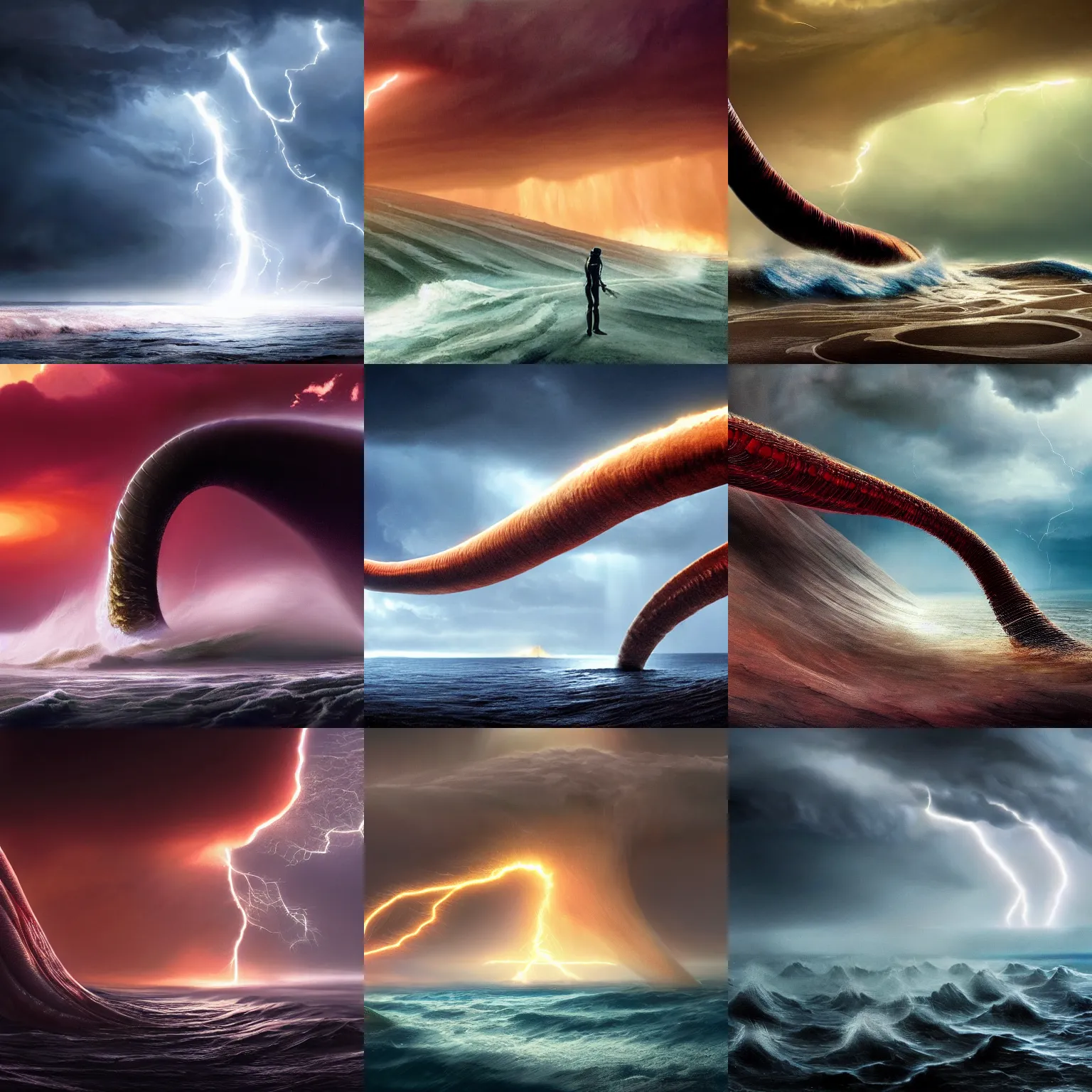 Prompt: giant worm from dune coming out of a stormy sea, lightning, highly detailed, beautiful light, epic, fantasy, 4 k