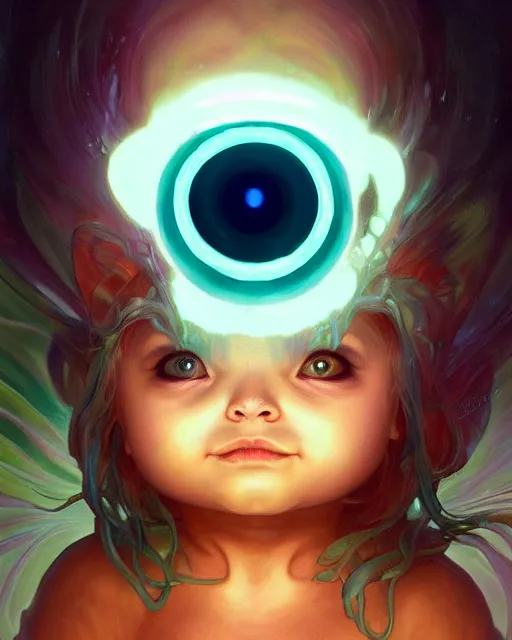 Image similar to one signular portrait of a cute bioluminescent baby creature with big glowing eyes, highly detailed, digital painting, cinematic, hyper realism, dark retrowave, art by Stanley Lau and Artgerm and magali villeneuve and Alphonse Mucha, artstation, octane render, cgsociety