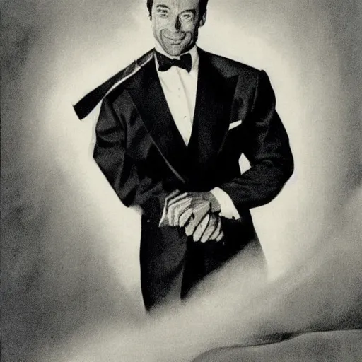 Prompt: Hugh Jackman portrait, vintage magazine illustration 1950