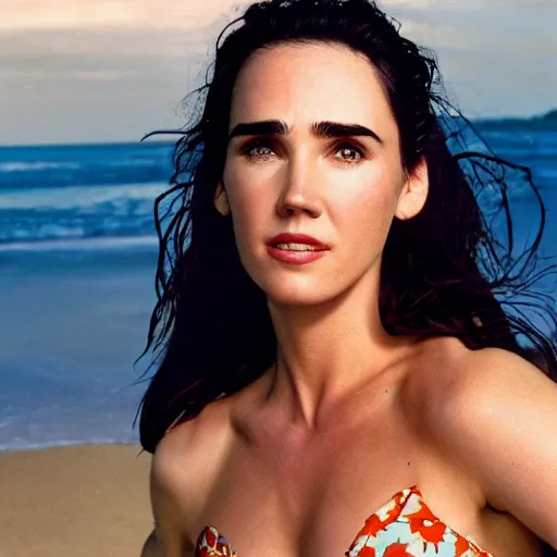 Image similar to Portrait Photography, medium closeup of young jennifer connelly poses in 2 Piece Mini Micro Push Up Swimsuits at summer beach, confident pose, fierce expression, intricate details, detailed face, detailed illustration, impressive lighting, symmetrical features, ultra detailed, 12 megapixels