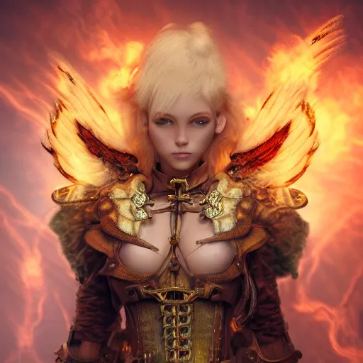 Image similar to pretty blond steampunk seraphim surrounded by lava, 8 k, shallow depth of field, 8 k, ultra high detail, concept art,