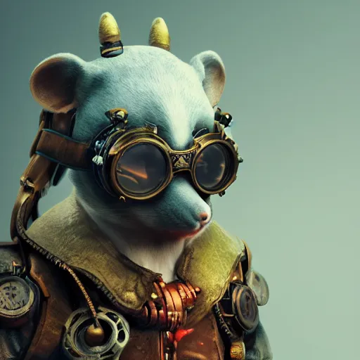 Image similar to rat warrior with steampunk goggles, clockwork, octane render, epic, cinematic, psychedelic, lsd, by ruan jia