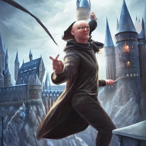 Prompt: a brilliant pig looking like harry potter, fighting against voldemort with magic in front of hogwarts, fantasy art, illustration, amazing detail, in the style of greg rutkowski, artgerm, cgsociety