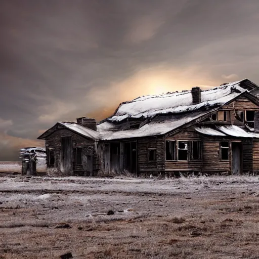 Image similar to a distorted post-apocalyptic landscape with a singular iron-made 10-foor house near the frozen lake hd 8k photo