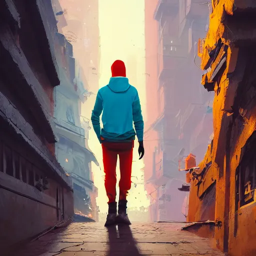 Image similar to View from back of a guy wearing a colorful hoodie, by Greg Rutkowski, James Gilleard, Jordan Grimmer digital art , CGSociety, Unreal Engine, 4K, 8K